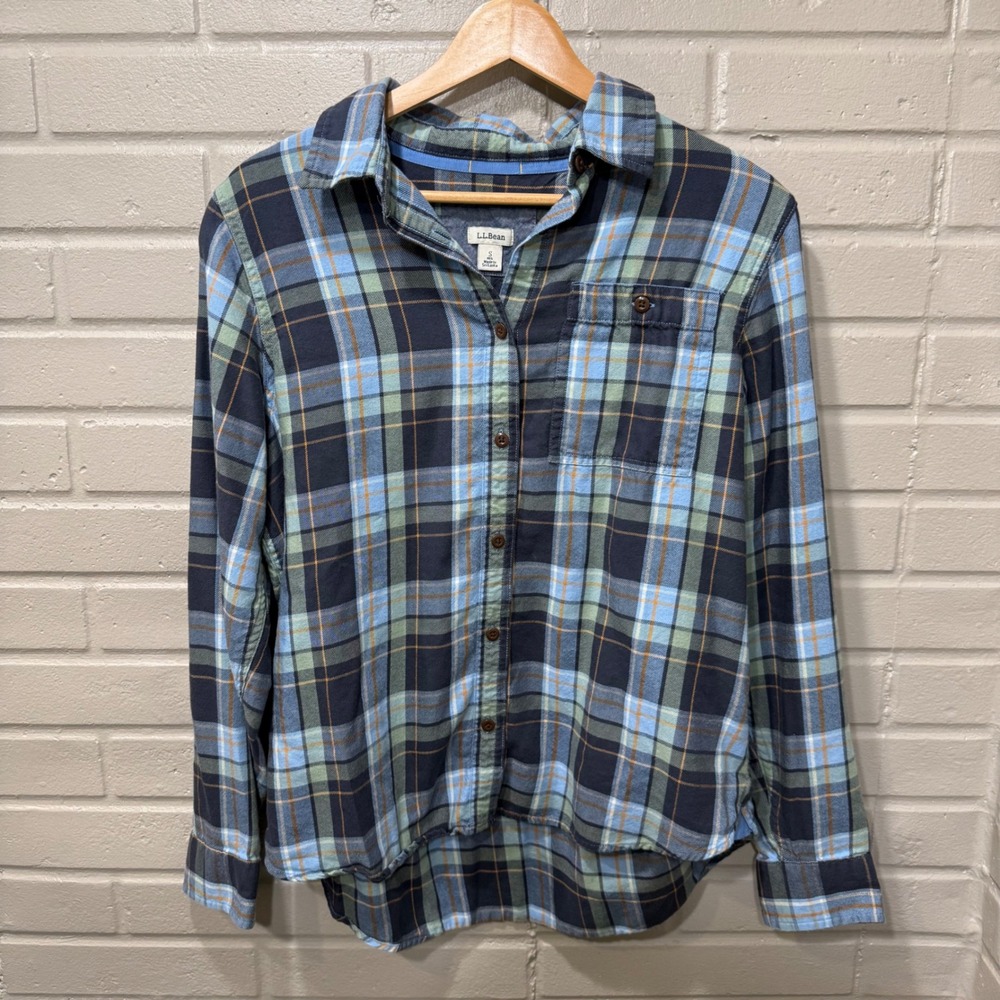 LL Bean Rangeley Flannel Shirt Plaid Button Carbon Navy Sml Organic Cotton Gorp - Picture 2 of 13